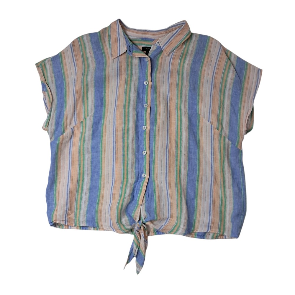 Talbots Linen Tie Hem Button Front Top Womens XLP Blue Striped Coastal Nautical